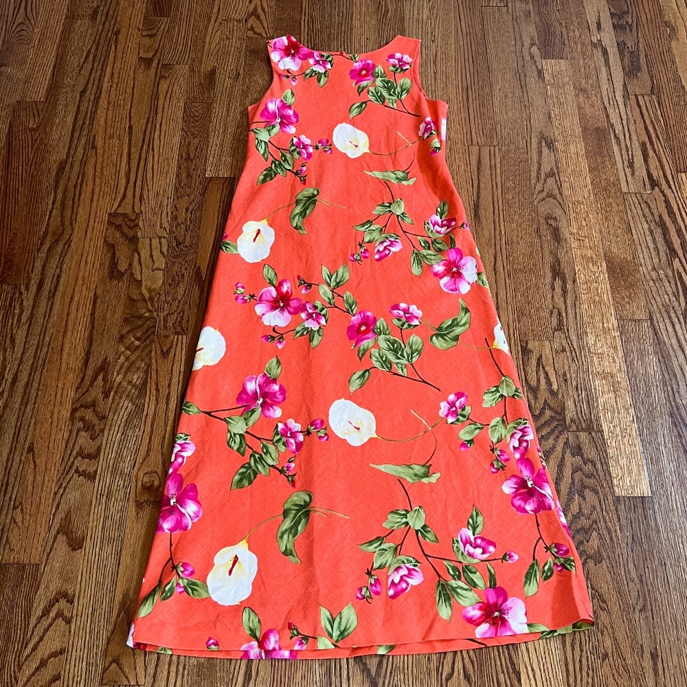 Talbots Petites linen long coral floral dress size 4